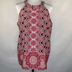 Monteau Ladies Blouse Sz L Navy Pink Patterned Halter Neck Sleeveless